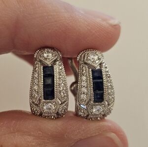RARE Judith Ripka Petite Sterling Blue Sapphire  & Diamonique Hoop Earrings